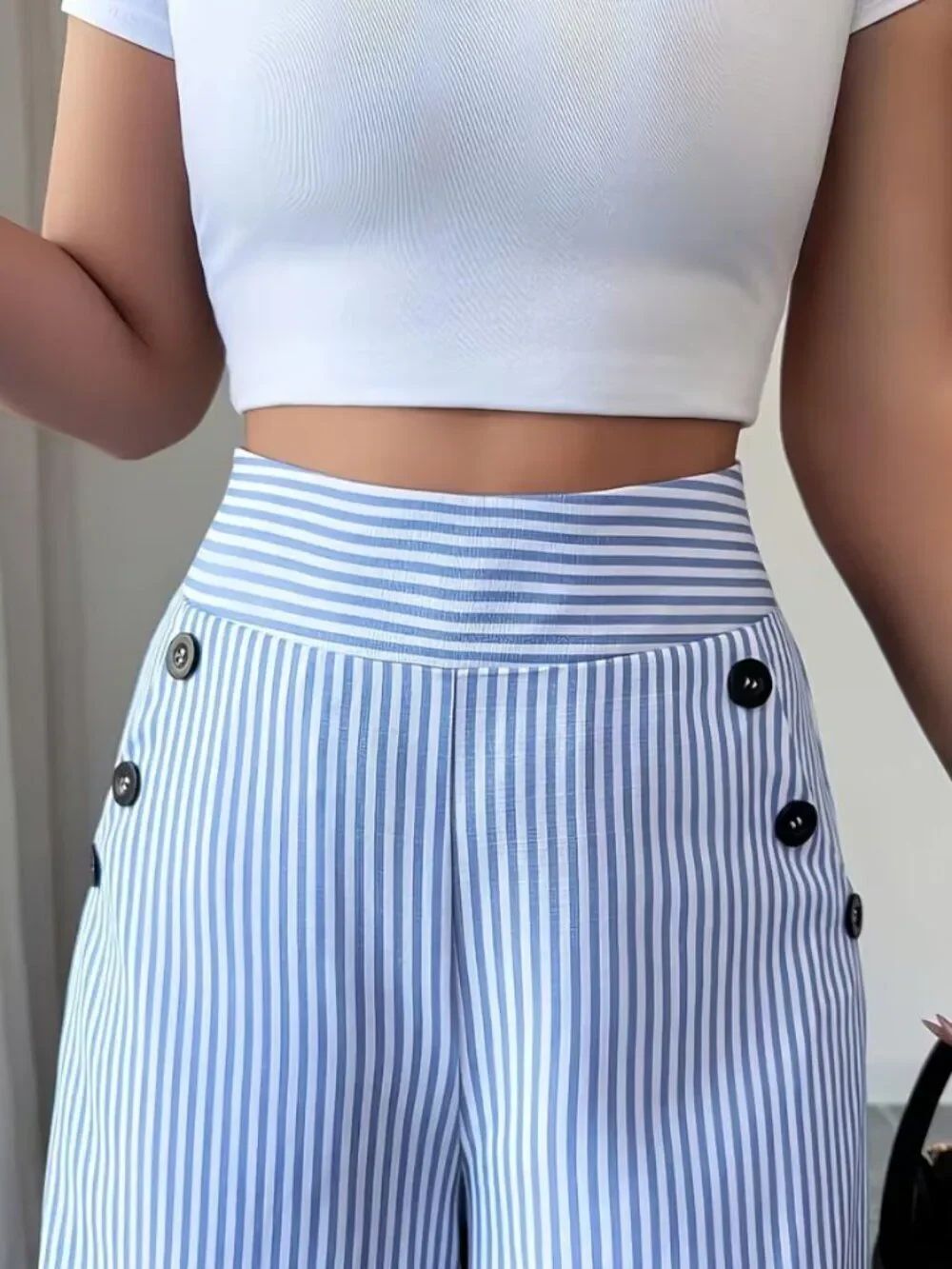 NWT Striped Wide Leg Pants High Waist Nautical Sailor Button Trousers - Picture 9 of 9